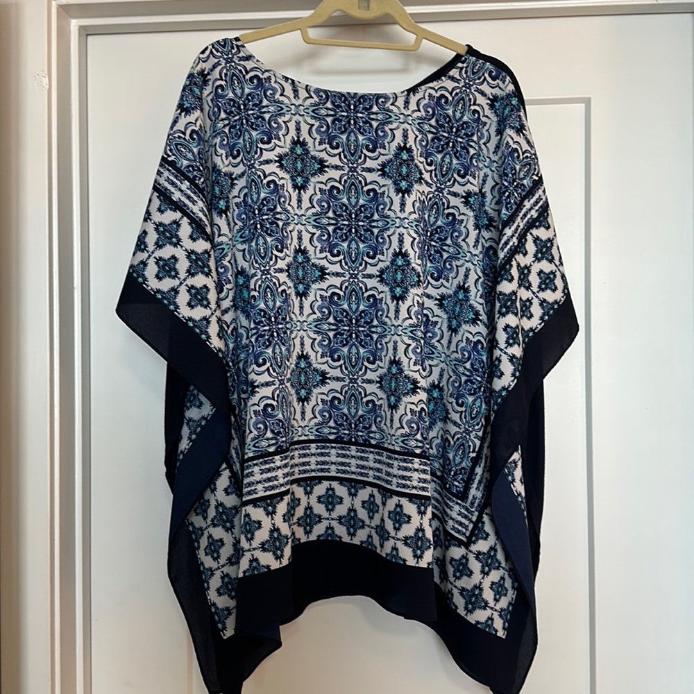 TALBOTS S/S Paisley Scarf Top (Chiffon Front/Knit Back) - L/XL Blue White